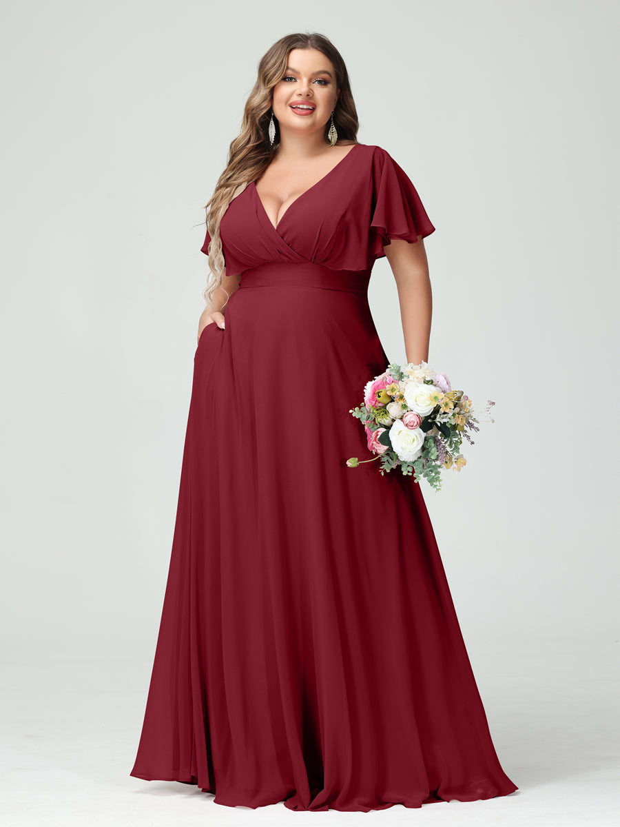 A-Line/Princess V-Neck Short Sleeves Chiffon Plus Size Bridesmaid Dresses with Pockets - Image 37