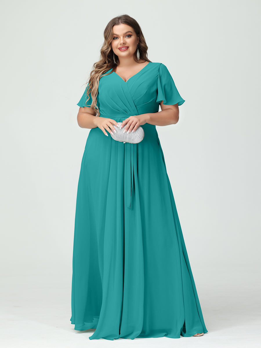 A-Line/Princess V-Neck Short Sleeves Chiffon Split Side Plus Size Bridesmaid Dresses with Pockets Belt - 이미지 52