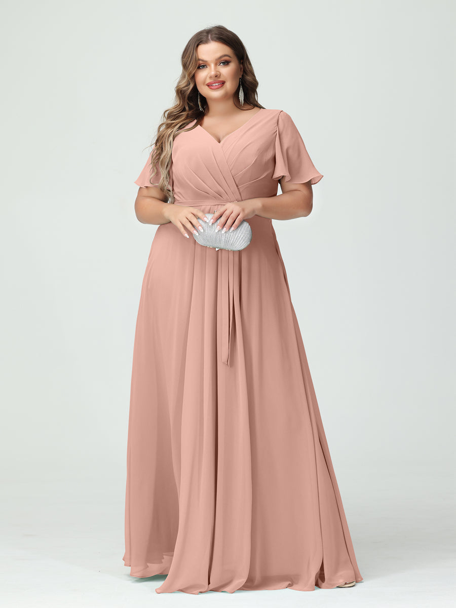 A-Line/Princess V-Neck Short Sleeves Chiffon Split Side Plus Size Bridesmaid Dresses with Pockets Belt - 이미지 7