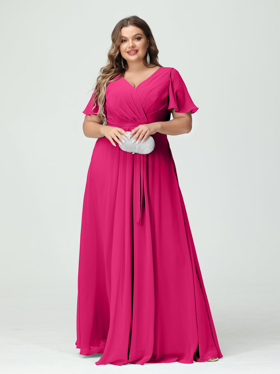 A-Line/Princess V-Neck Short Sleeves Chiffon Split Side Plus Size Bridesmaid Dresses with Pockets Belt - 이미지 34
