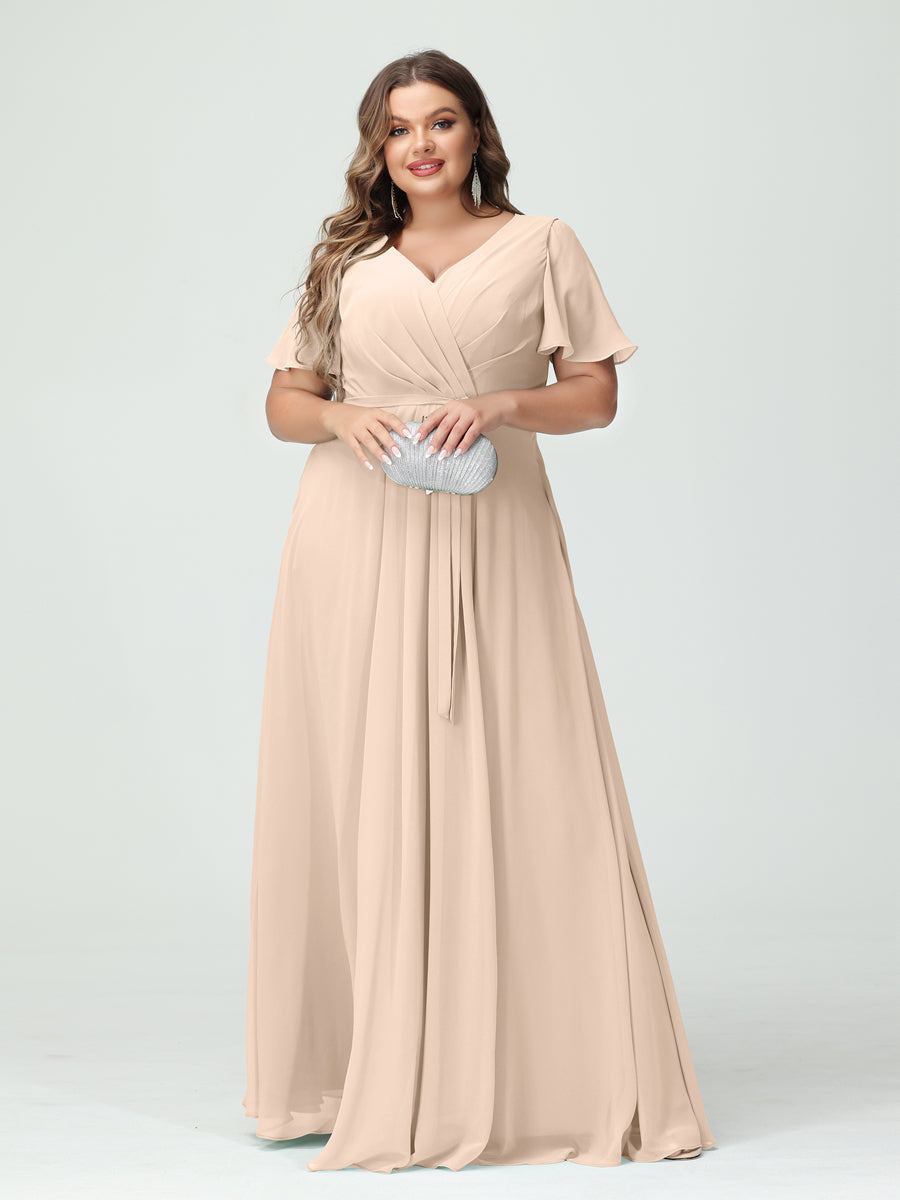 A-Line/Princess V-Neck Short Sleeves Chiffon Split Side Plus Size Bridesmaid Dresses with Pockets Belt - 이미지 23