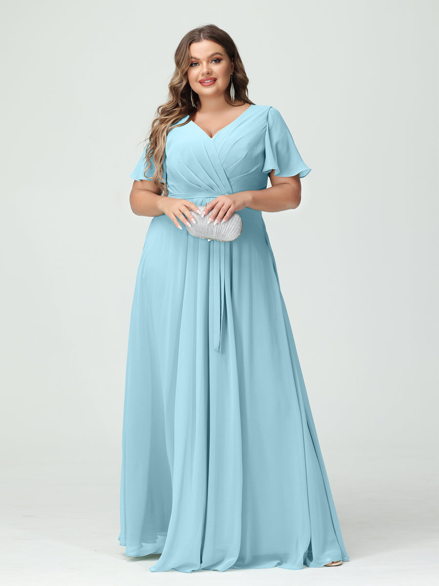 A-Line/Princess V-Neck Short Sleeves Chiffon Split Side Plus Size Bridesmaid Dresses with Pockets Belt - 이미지 49