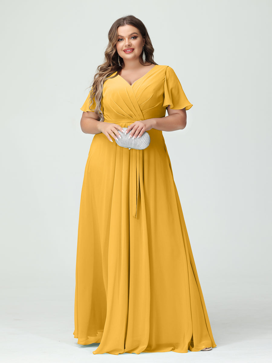 A-Line/Princess V-Neck Short Sleeves Chiffon Split Side Plus Size Bridesmaid Dresses with Pockets Belt - 이미지 70