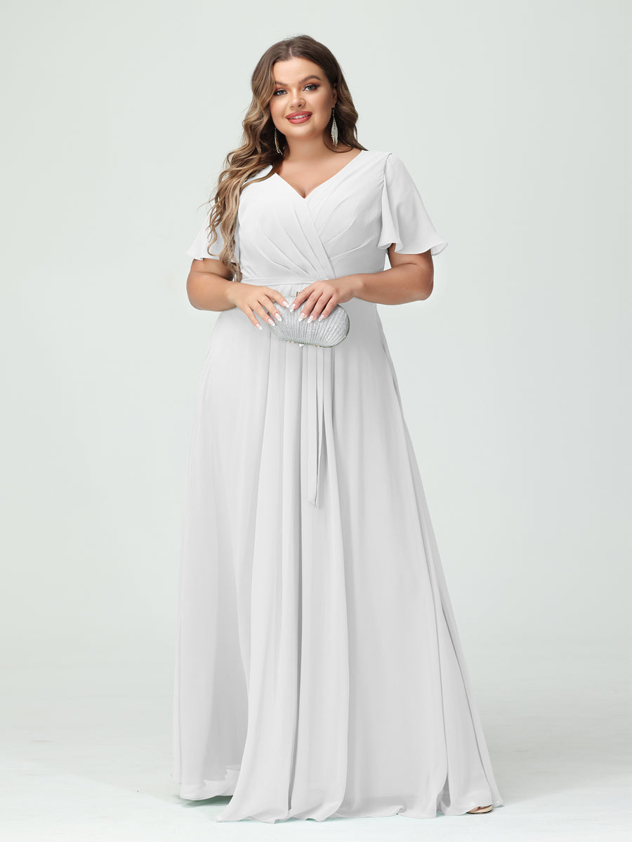 A-Line/Princess V-Neck Short Sleeves Chiffon Split Side Plus Size Bridesmaid Dresses with Pockets Belt - 이미지 20