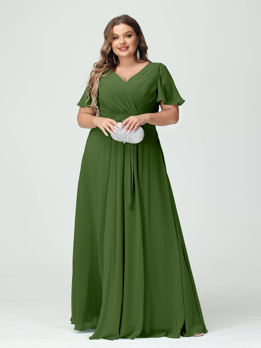 A-Line/Princess V-Neck Short Sleeves Chiffon Split Side Plus Size Bridesmaid Dresses with Pockets Belt - 이미지 65