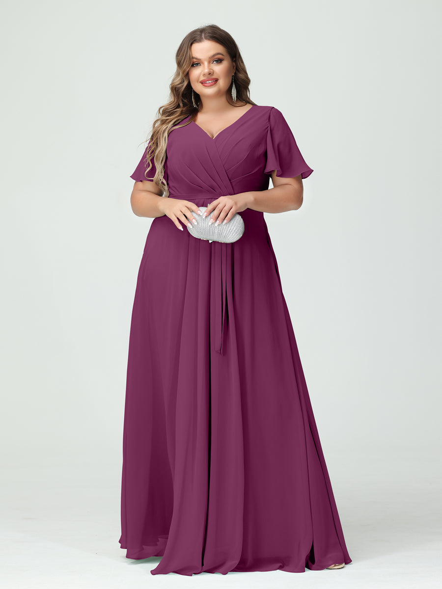 A-Line/Princess V-Neck Short Sleeves Chiffon Split Side Plus Size Bridesmaid Dresses with Pockets Belt - 이미지 44