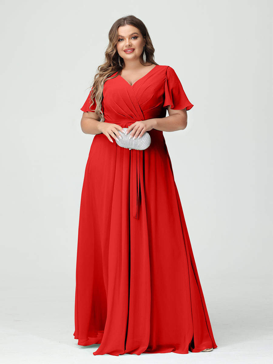A-Line/Princess V-Neck Short Sleeves Chiffon Split Side Plus Size Bridesmaid Dresses with Pockets Belt - 이미지 36