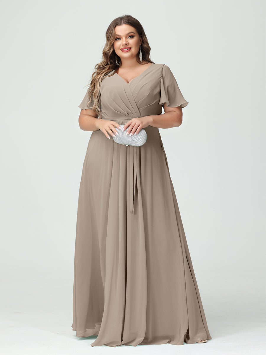 A-Line/Princess V-Neck Short Sleeves Chiffon Split Side Plus Size Bridesmaid Dresses with Pockets Belt - 이미지 73