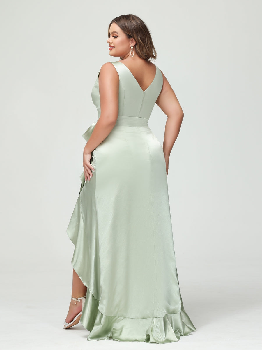 Sheath/Column V-Neck Sleeveless Ruffles High Low Plus Size Dresses with Pockets & Sash - 이미지 2
