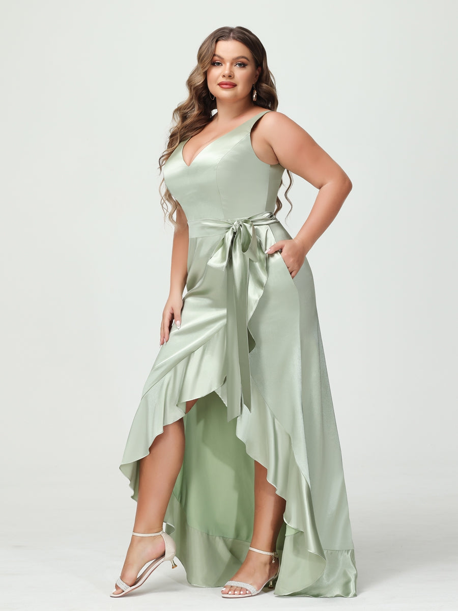 Sheath/Column V-Neck Sleeveless Ruffles High Low Plus Size Dresses with Pockets & Sash - 이미지 3