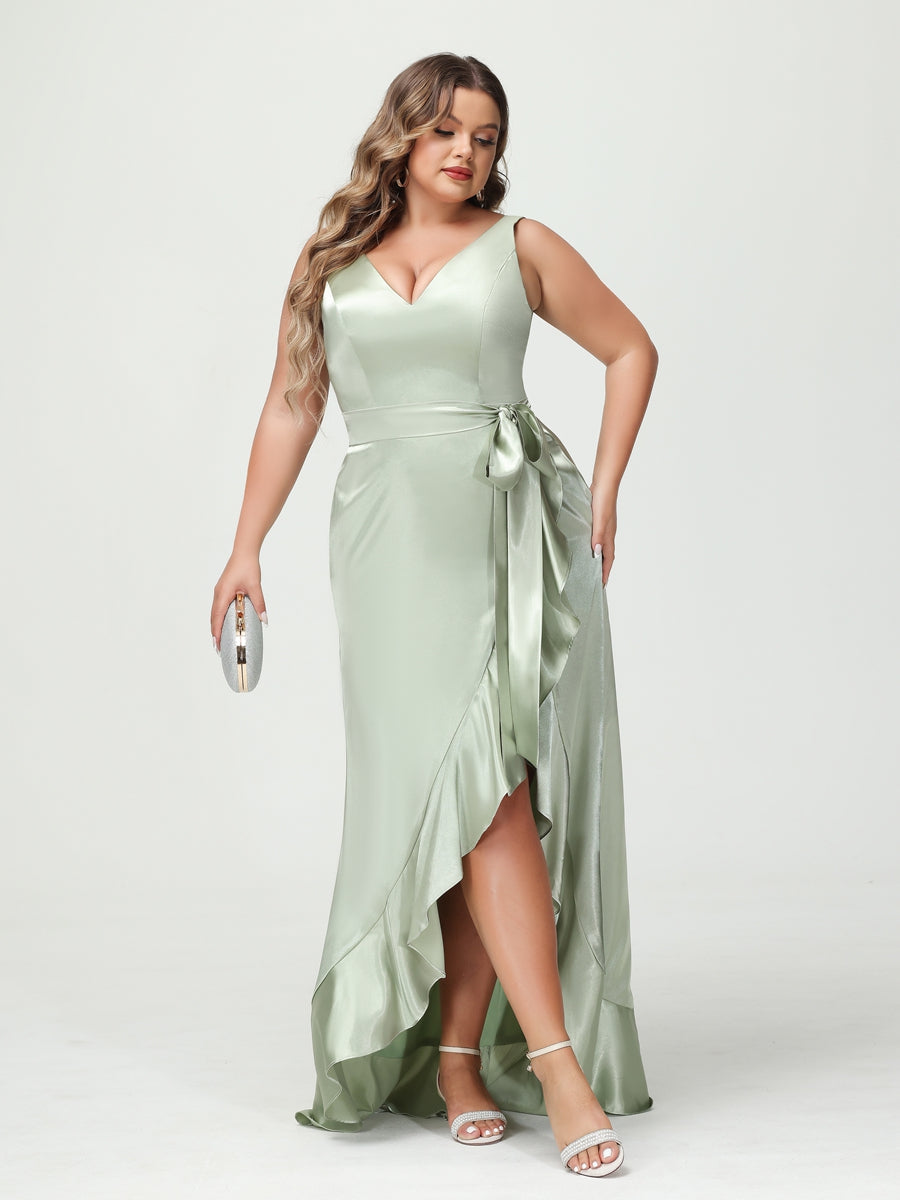 Sheath/Column V-Neck Sleeveless Ruffles High Low Plus Size Dresses with Pockets & Sash - 이미지 5