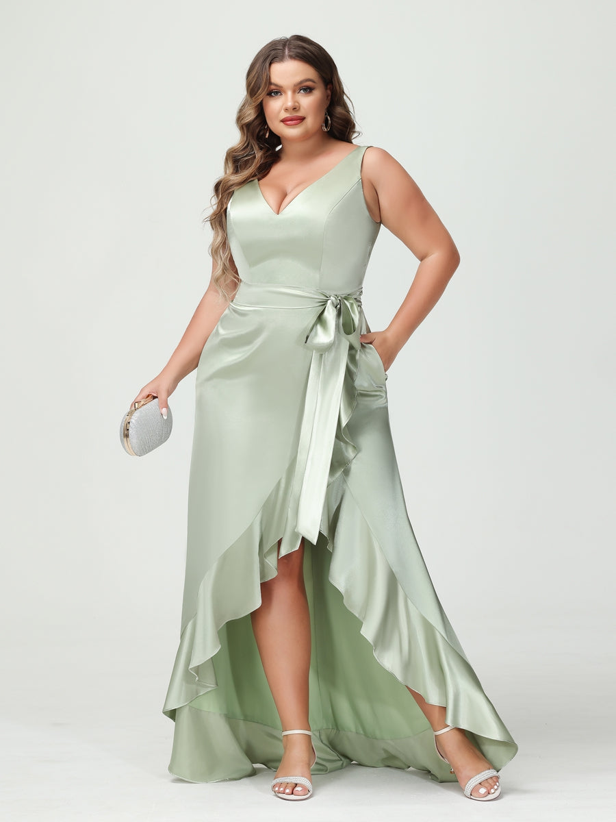 Sheath/Column V-Neck Sleeveless Ruffles High Low Plus Size Dresses with Pockets & Sash - 이미지 6
