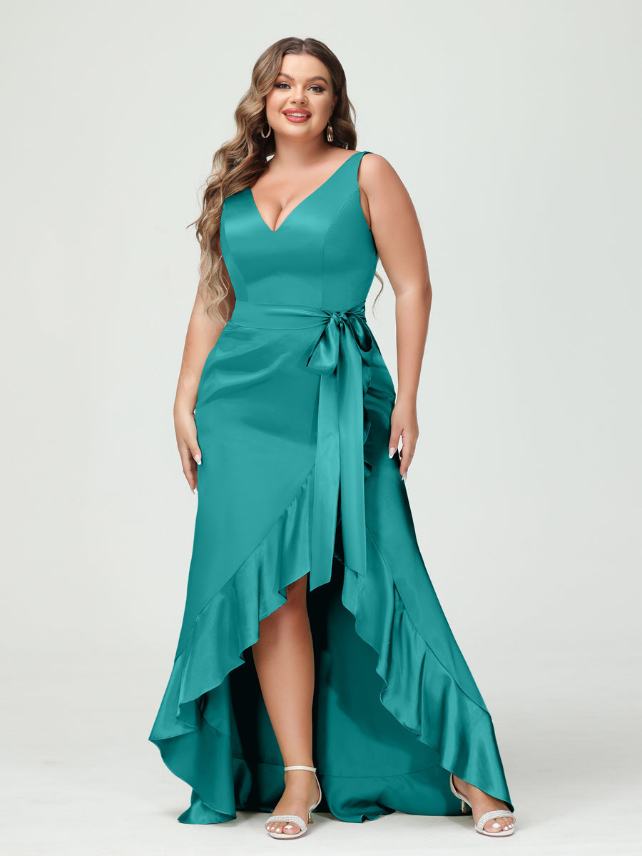 Sheath/Column V-Neck Sleeveless Ruffles High Low Plus Size Dresses with Pockets & Sash - 이미지 41