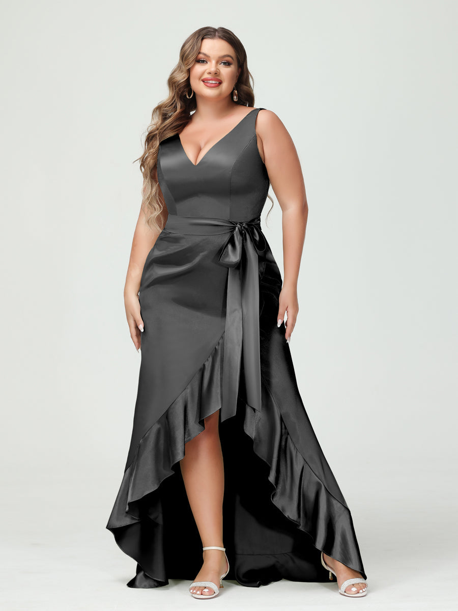 Sheath/Column V-Neck Sleeveless Ruffles High Low Plus Size Dresses with Pockets & Sash - 이미지 13