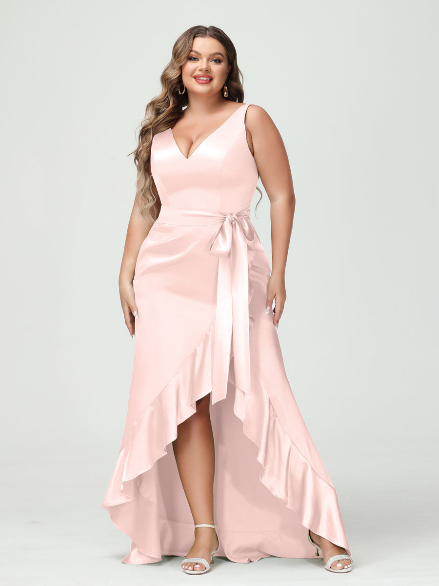 Sheath/Column V-Neck Sleeveless Ruffles High Low Plus Size Dresses with Pockets & Sash - 이미지 23