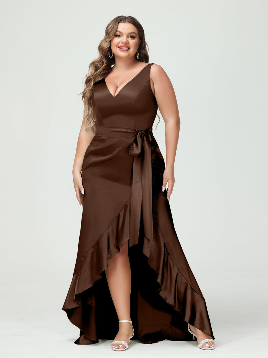 Sheath/Column V-Neck Sleeveless Ruffles High Low Plus Size Dresses with Pockets & Sash - 이미지 57