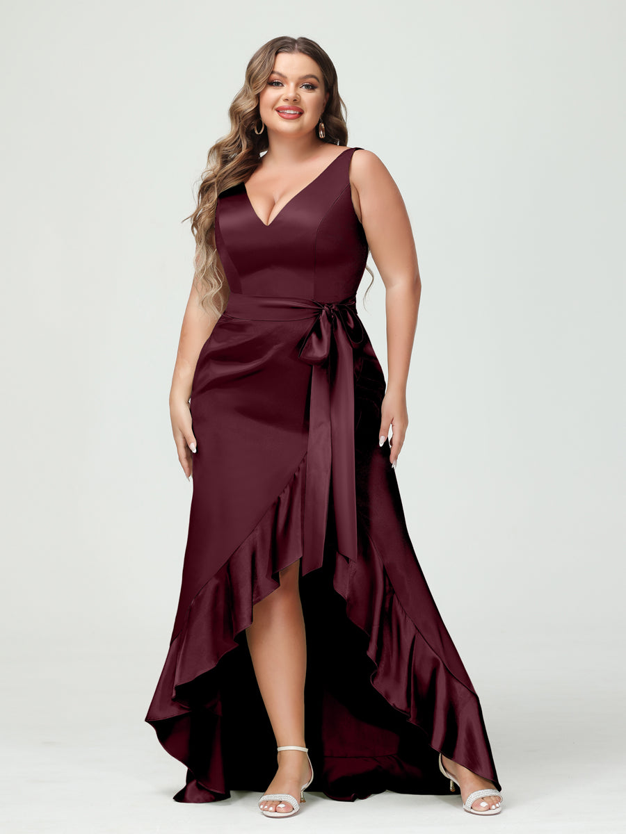 Sheath/Column V-Neck Sleeveless Ruffles High Low Plus Size Dresses with Pockets & Sash - 이미지 11