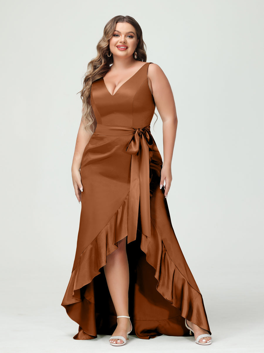 Sheath/Column V-Neck Sleeveless Ruffles High Low Plus Size Dresses with Pockets & Sash - 이미지 9