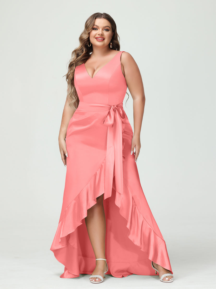 Sheath/Column V-Neck Sleeveless Ruffles High Low Plus Size Dresses with Pockets & Sash - 이미지 27