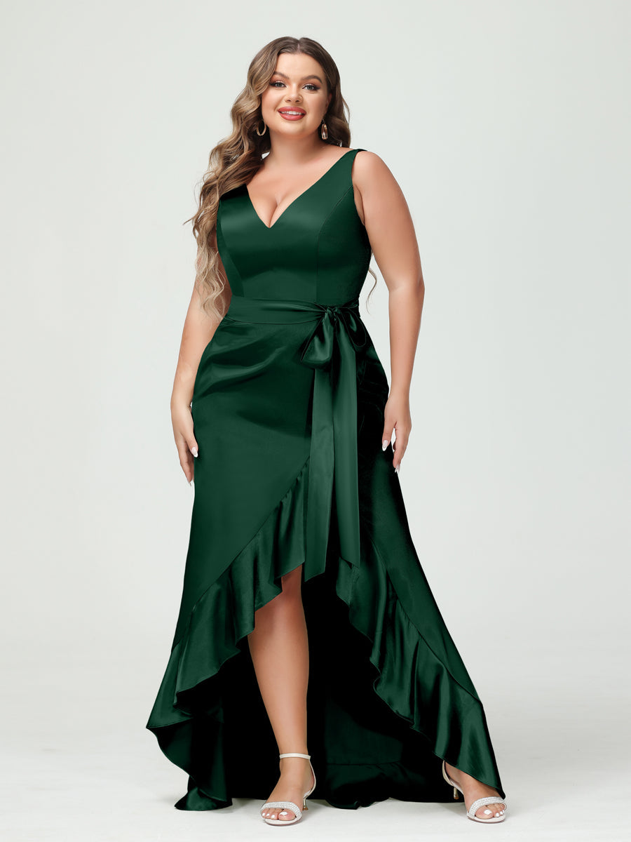 Sheath/Column V-Neck Sleeveless Ruffles High Low Plus Size Dresses with Pockets & Sash - 이미지 10