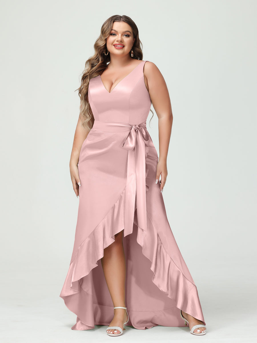 Sheath/Column V-Neck Sleeveless Ruffles High Low Plus Size Dresses with Pockets & Sash - 이미지 25