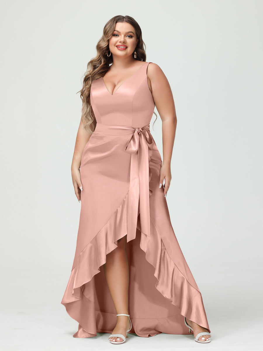 Sheath/Column V-Neck Sleeveless Ruffles High Low Plus Size Dresses with Pockets & Sash - 이미지 8