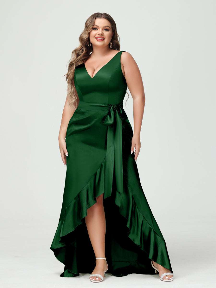 Sheath/Column V-Neck Sleeveless Ruffles High Low Plus Size Dresses with Pockets & Sash - 이미지 51