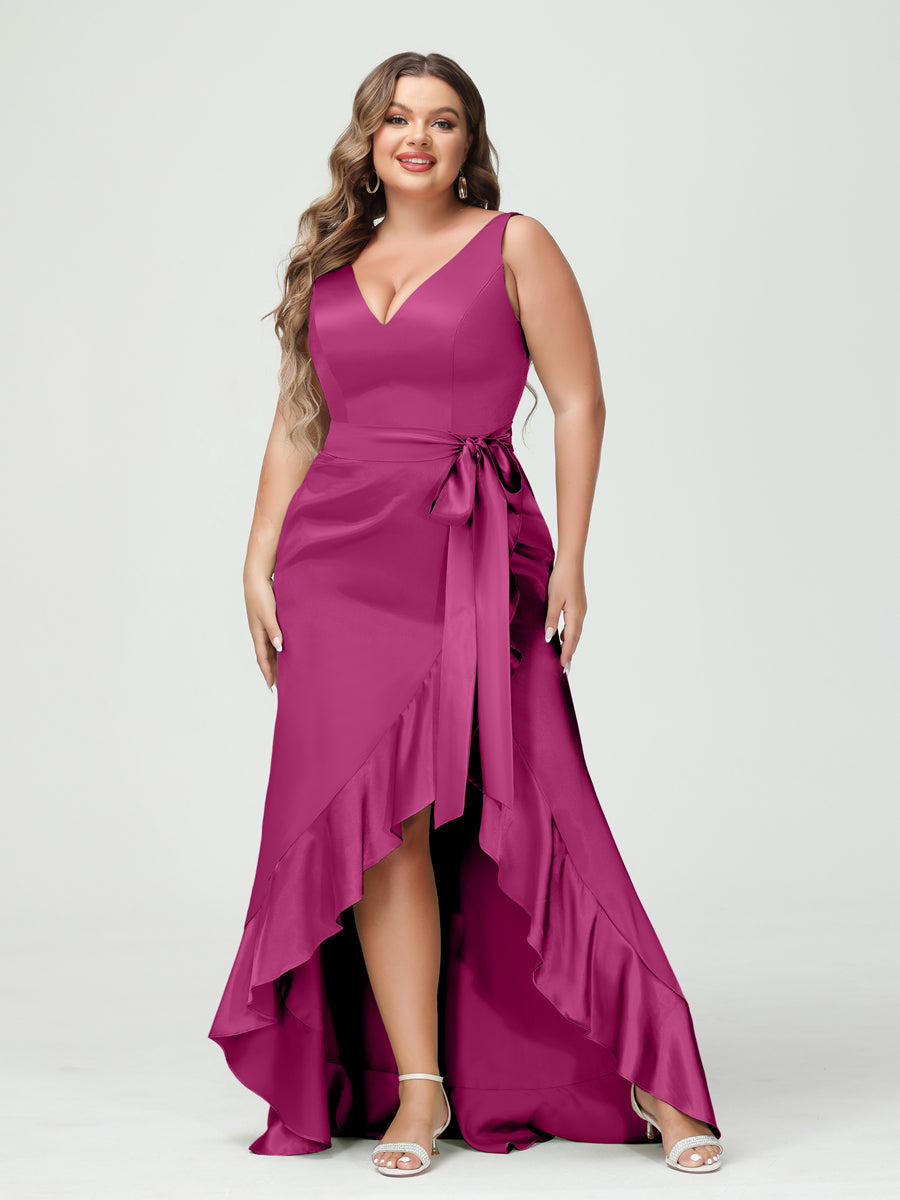 Sheath/Column V-Neck Sleeveless Ruffles High Low Plus Size Dresses with Pockets & Sash - 이미지 28