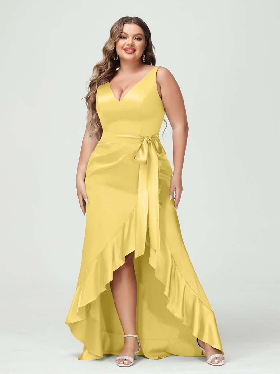 Sheath/Column V-Neck Sleeveless Ruffles High Low Plus Size Dresses with Pockets & Sash - 이미지 53