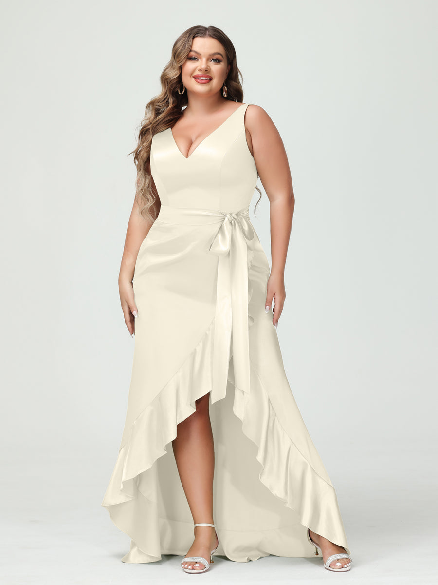 Sheath/Column V-Neck Sleeveless Ruffles High Low Plus Size Dresses with Pockets & Sash - 이미지 16