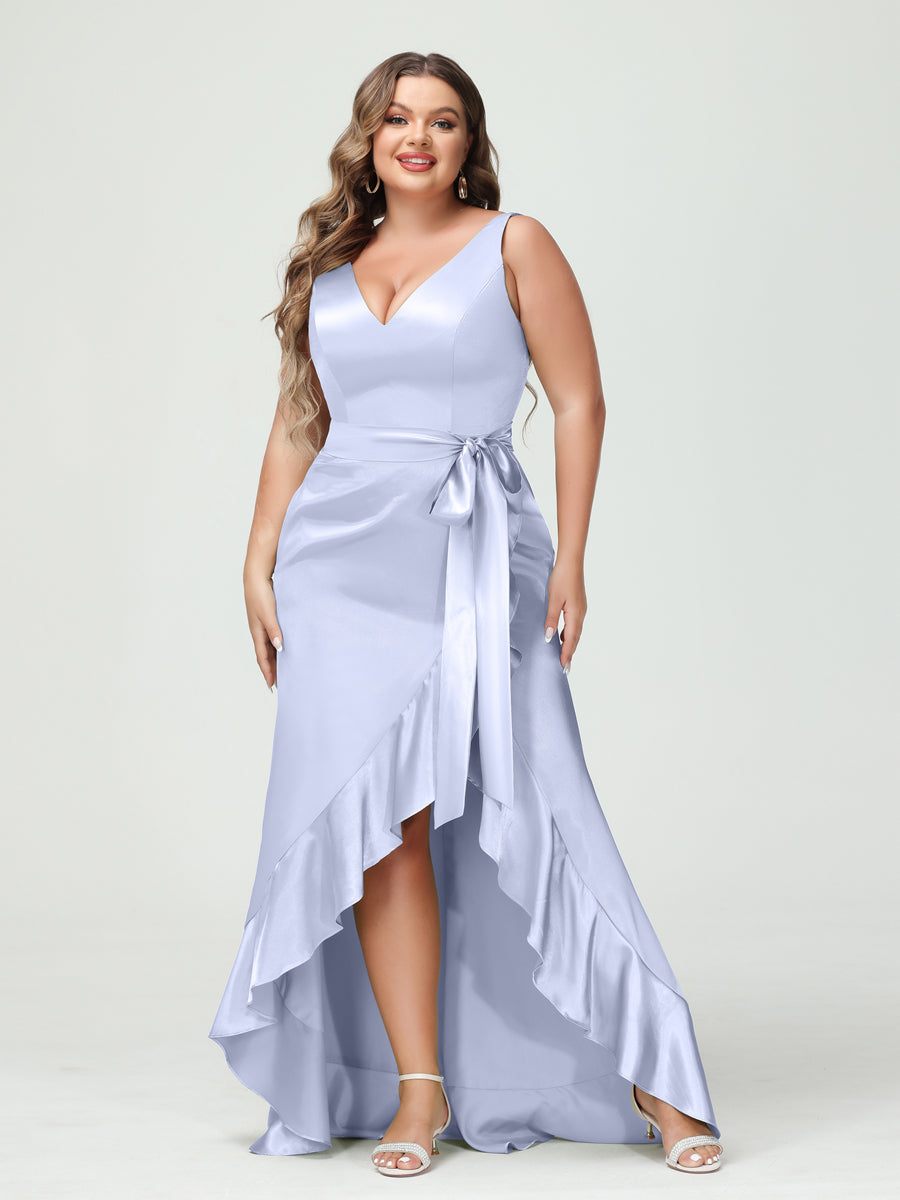 Sheath/Column V-Neck Sleeveless Ruffles High Low Plus Size Dresses with Pockets & Sash - 이미지 38