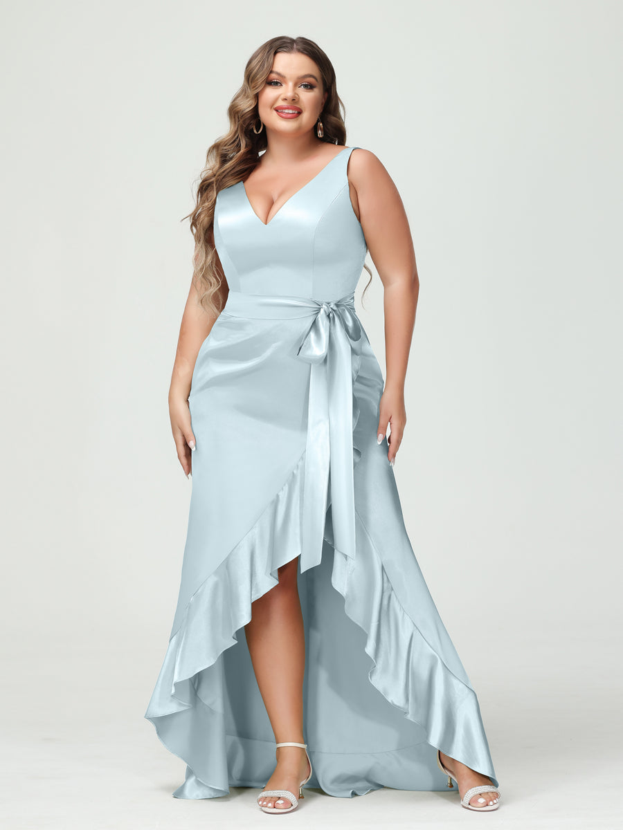 Sheath/Column V-Neck Sleeveless Ruffles High Low Plus Size Dresses with Pockets & Sash - 이미지 37