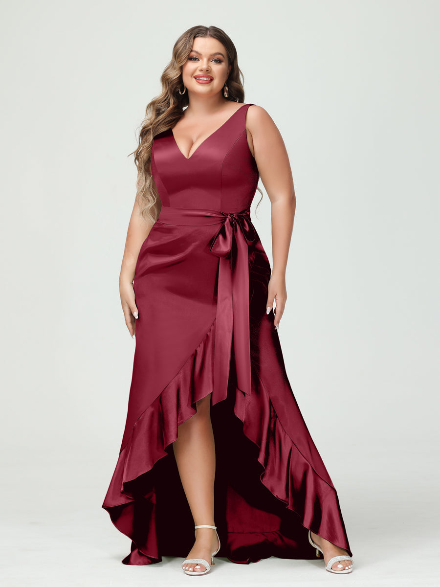Sheath/Column V-Neck Sleeveless Ruffles High Low Plus Size Dresses with Pockets & Sash - 이미지 30