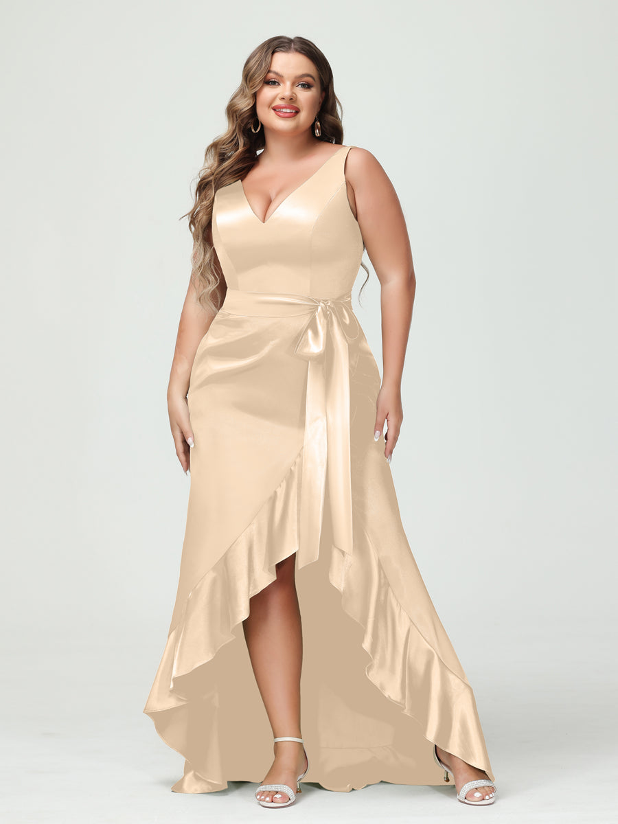 Sheath/Column V-Neck Sleeveless Ruffles High Low Plus Size Dresses with Pockets & Sash - 이미지 18