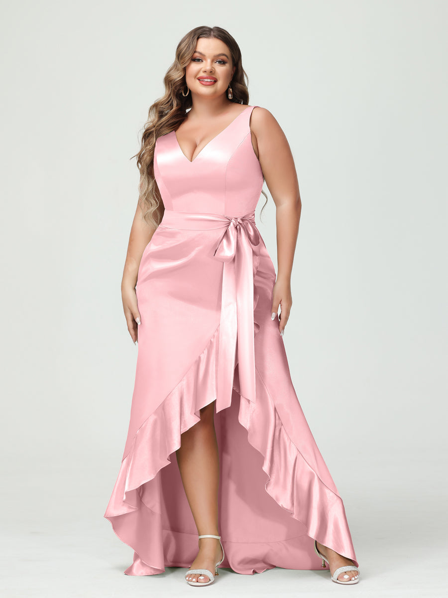 Sheath/Column V-Neck Sleeveless Ruffles High Low Plus Size Dresses with Pockets & Sash - 이미지 22