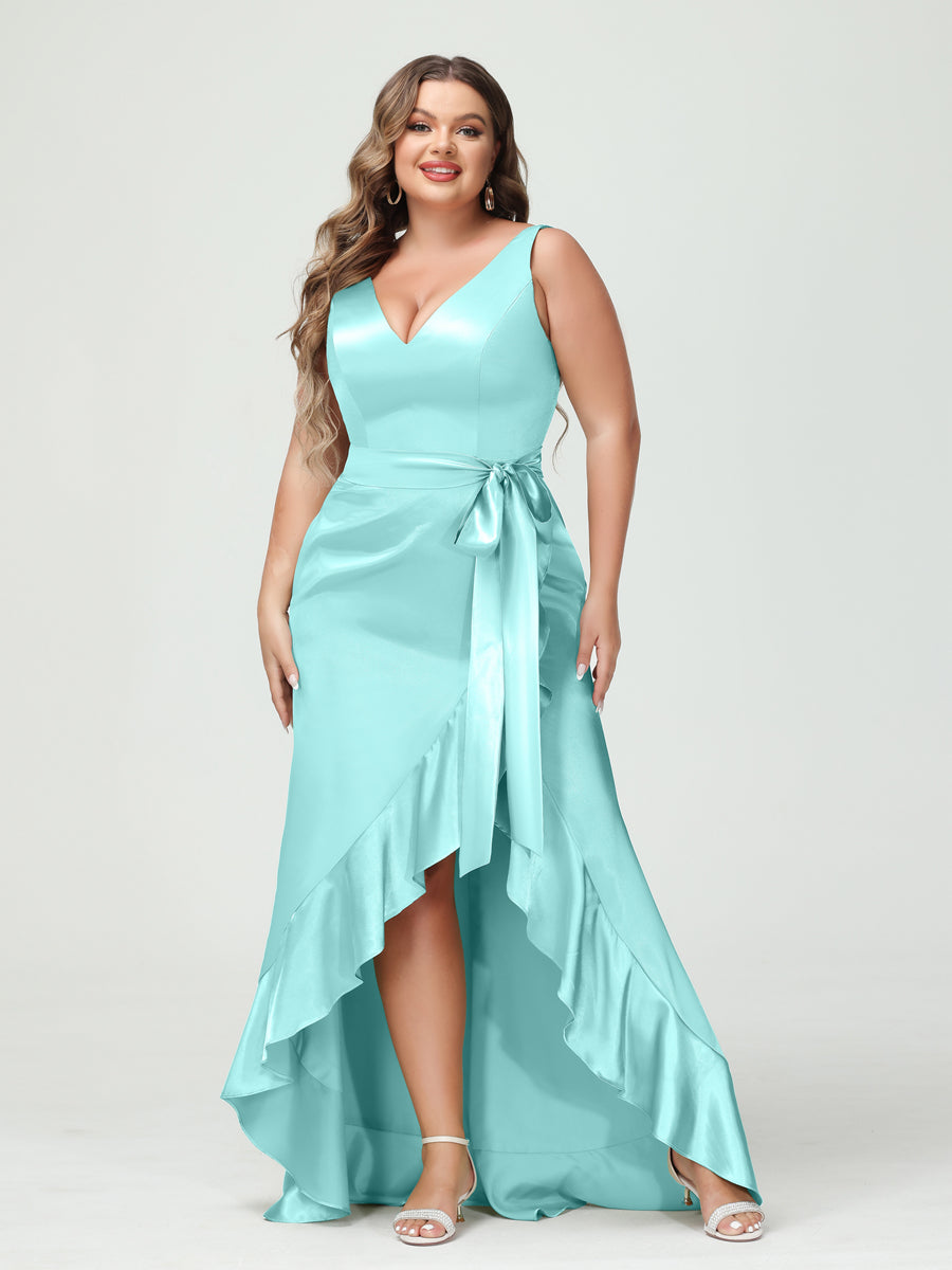 Sheath/Column V-Neck Sleeveless Ruffles High Low Plus Size Dresses with Pockets & Sash - 이미지 39