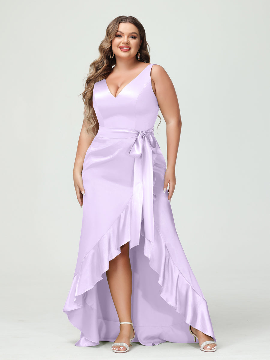 Sheath/Column V-Neck Sleeveless Ruffles High Low Plus Size Dresses with Pockets & Sash - 이미지 12