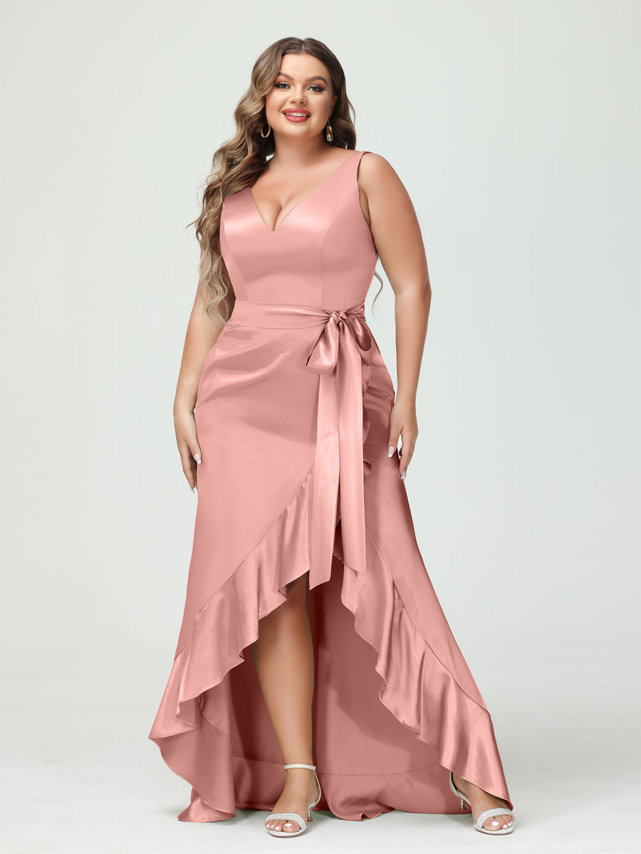 Sheath/Column V-Neck Sleeveless Ruffles High Low Plus Size Dresses with Pockets & Sash - 이미지 26