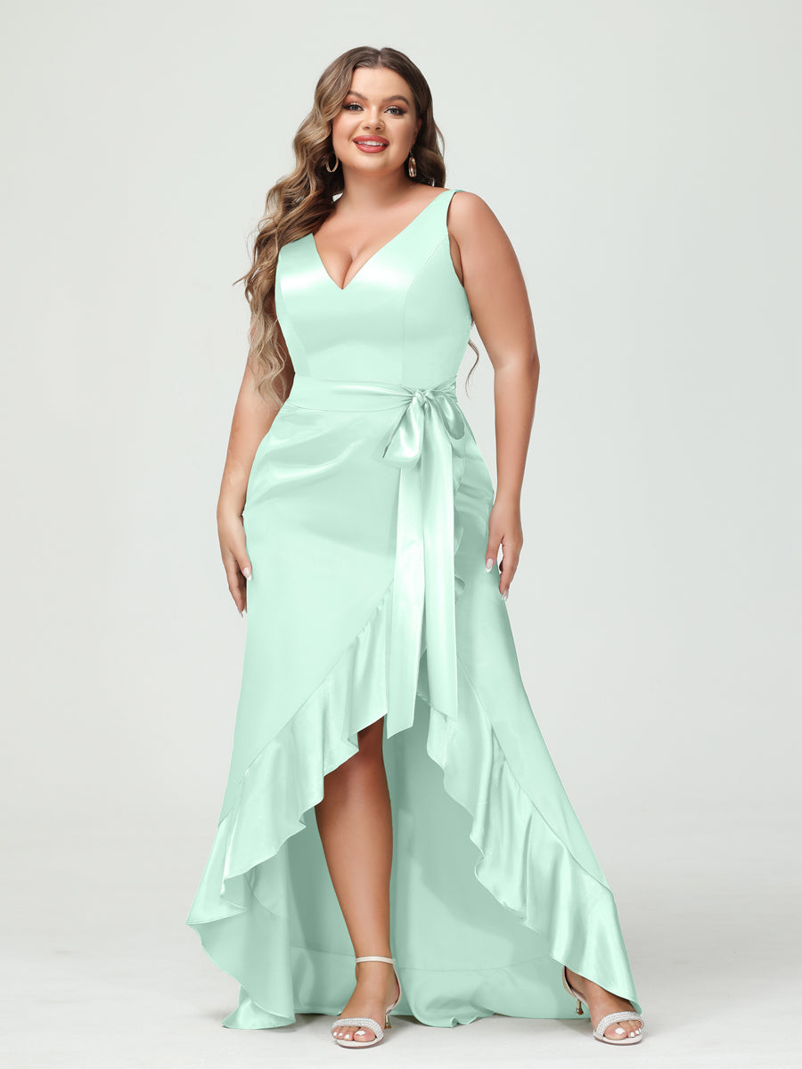 Sheath/Column V-Neck Sleeveless Ruffles High Low Plus Size Dresses with Pockets & Sash - 이미지 46