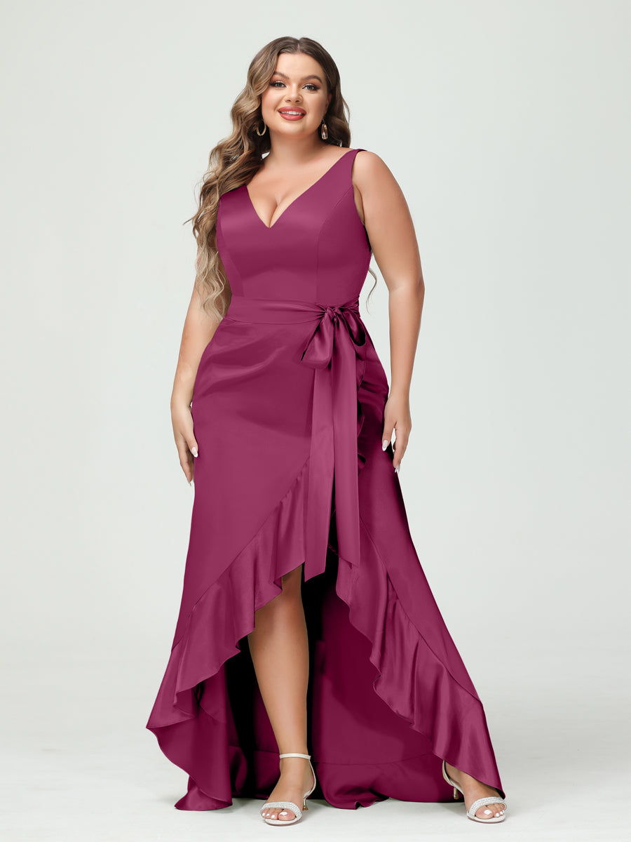 Sheath/Column V-Neck Sleeveless Ruffles High Low Plus Size Dresses with Pockets & Sash - 이미지 33