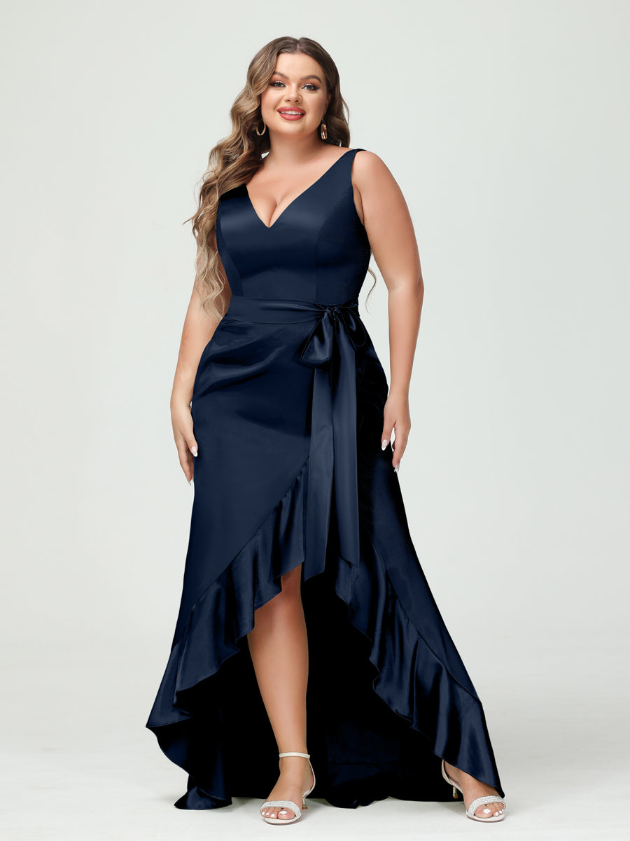 Sheath/Column V-Neck Sleeveless Ruffles High Low Plus Size Dresses with Pockets & Sash - 이미지 45