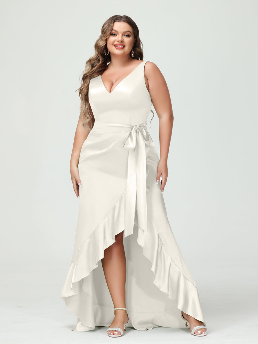 Sheath/Column V-Neck Sleeveless Ruffles High Low Plus Size Dresses with Pockets & Sash - 이미지 15