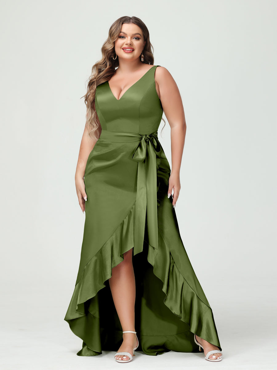 Sheath/Column V-Neck Sleeveless Ruffles High Low Plus Size Dresses with Pockets & Sash - 이미지 49