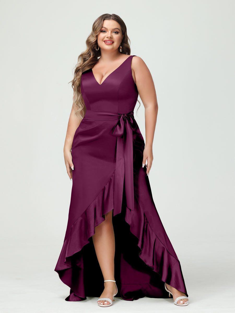 Sheath/Column V-Neck Sleeveless Ruffles High Low Plus Size Dresses with Pockets & Sash - 이미지 34