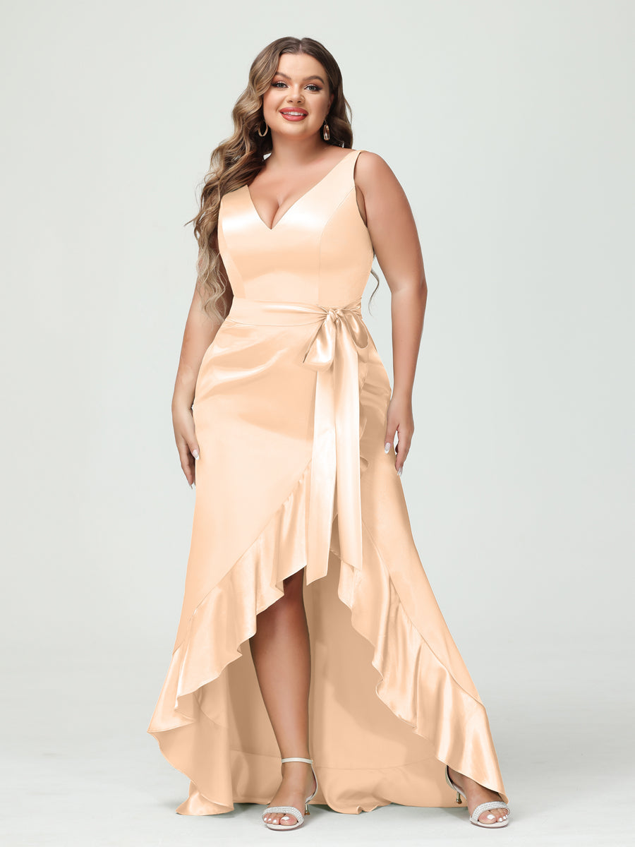 Sheath/Column V-Neck Sleeveless Ruffles High Low Plus Size Dresses with Pockets & Sash - 이미지 24