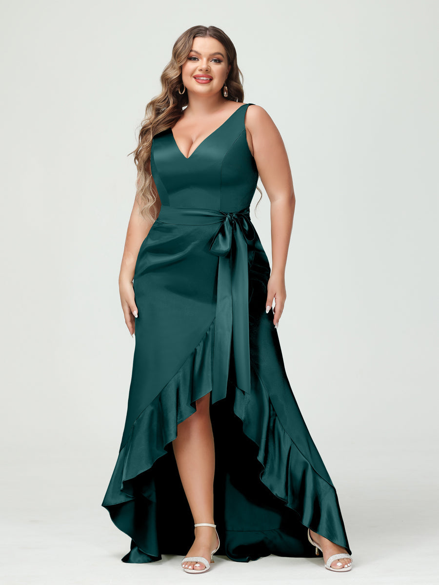 Sheath/Column V-Neck Sleeveless Ruffles High Low Plus Size Dresses with Pockets & Sash - 이미지 50