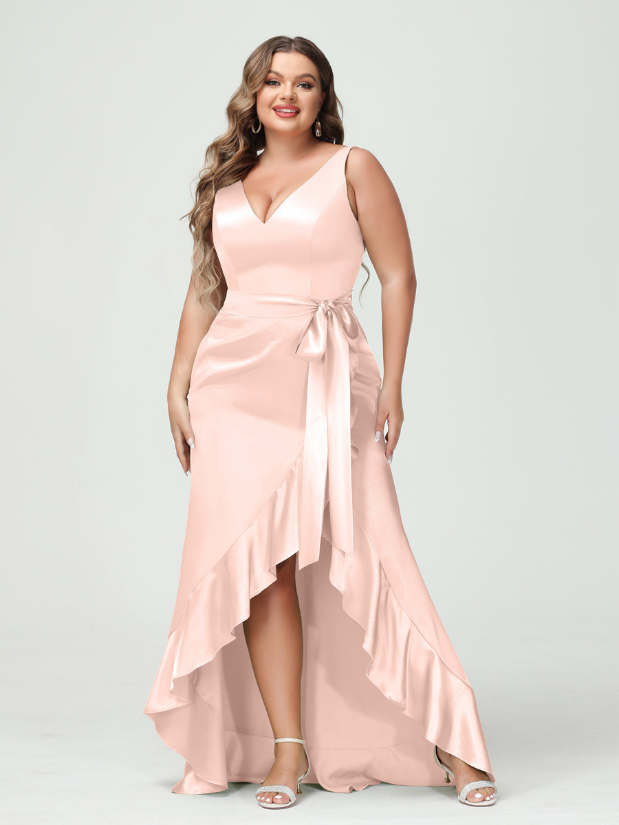 Sheath/Column V-Neck Sleeveless Ruffles High Low Plus Size Dresses with Pockets & Sash - 이미지 21