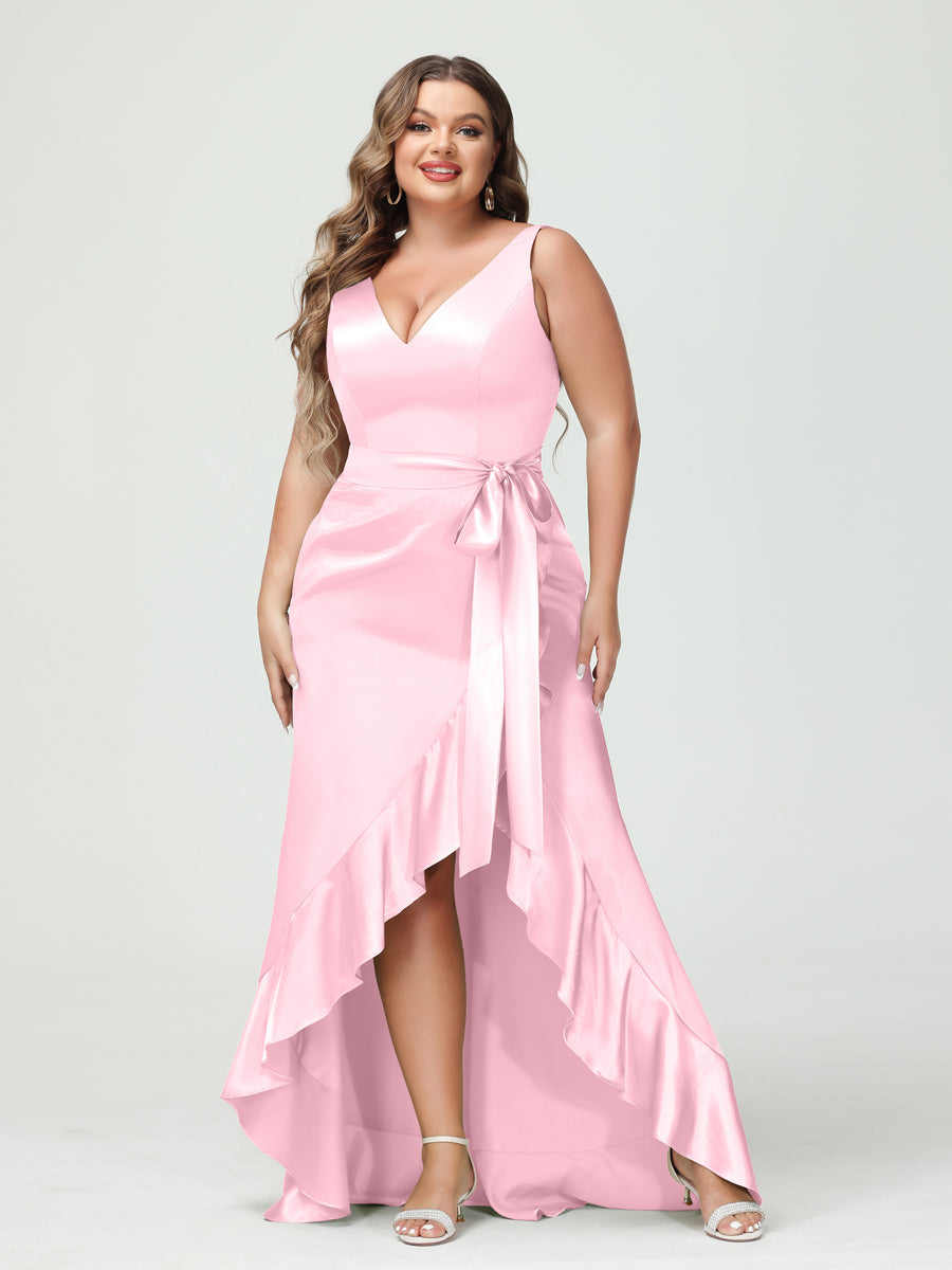 Sheath/Column V-Neck Sleeveless Ruffles High Low Plus Size Dresses with Pockets & Sash - 이미지 20