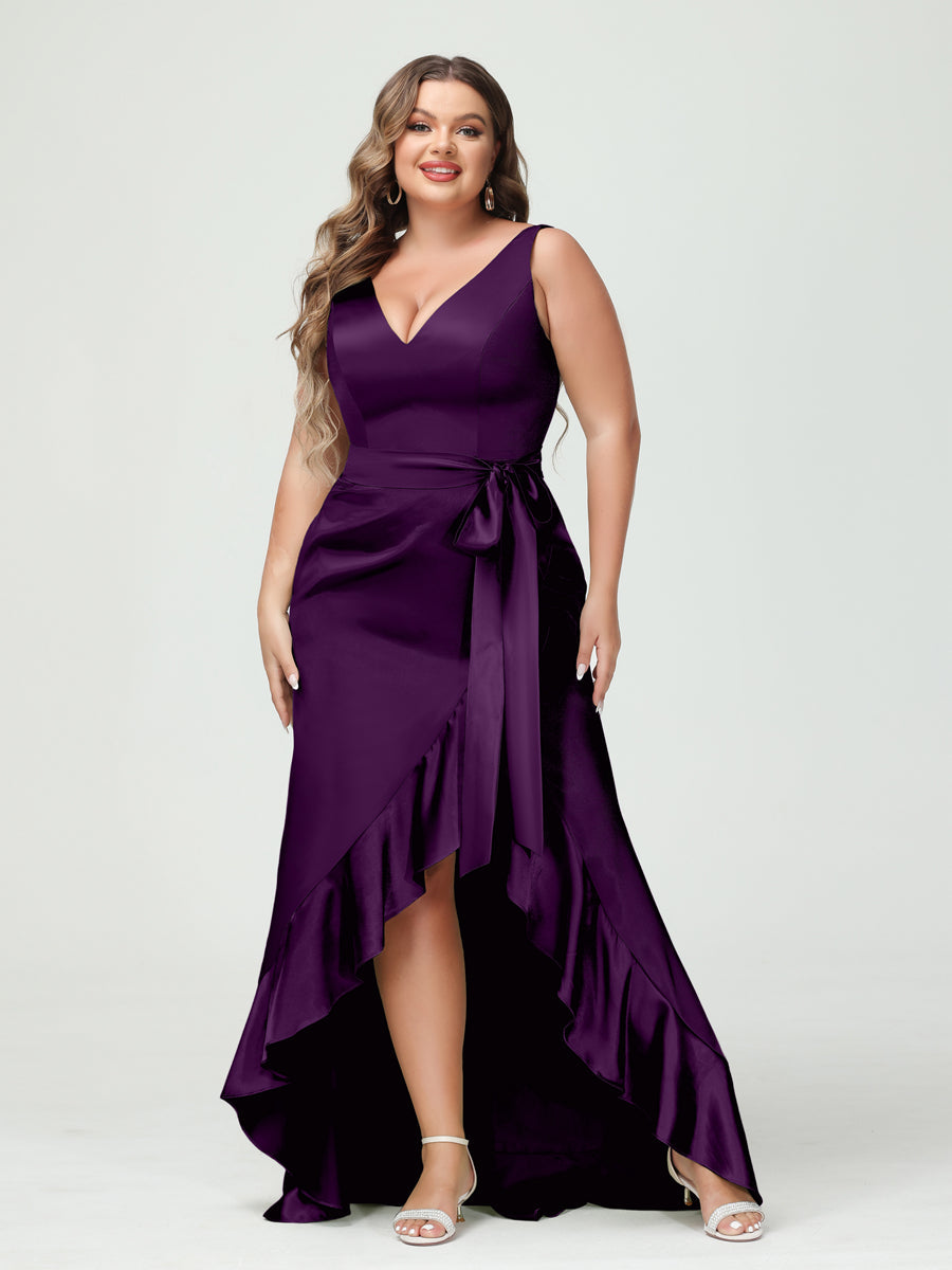 Sheath/Column V-Neck Sleeveless Ruffles High Low Plus Size Dresses with Pockets & Sash - 이미지 36