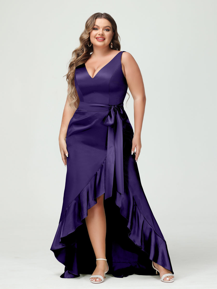 Sheath/Column V-Neck Sleeveless Ruffles High Low Plus Size Dresses with Pockets & Sash - 이미지 32